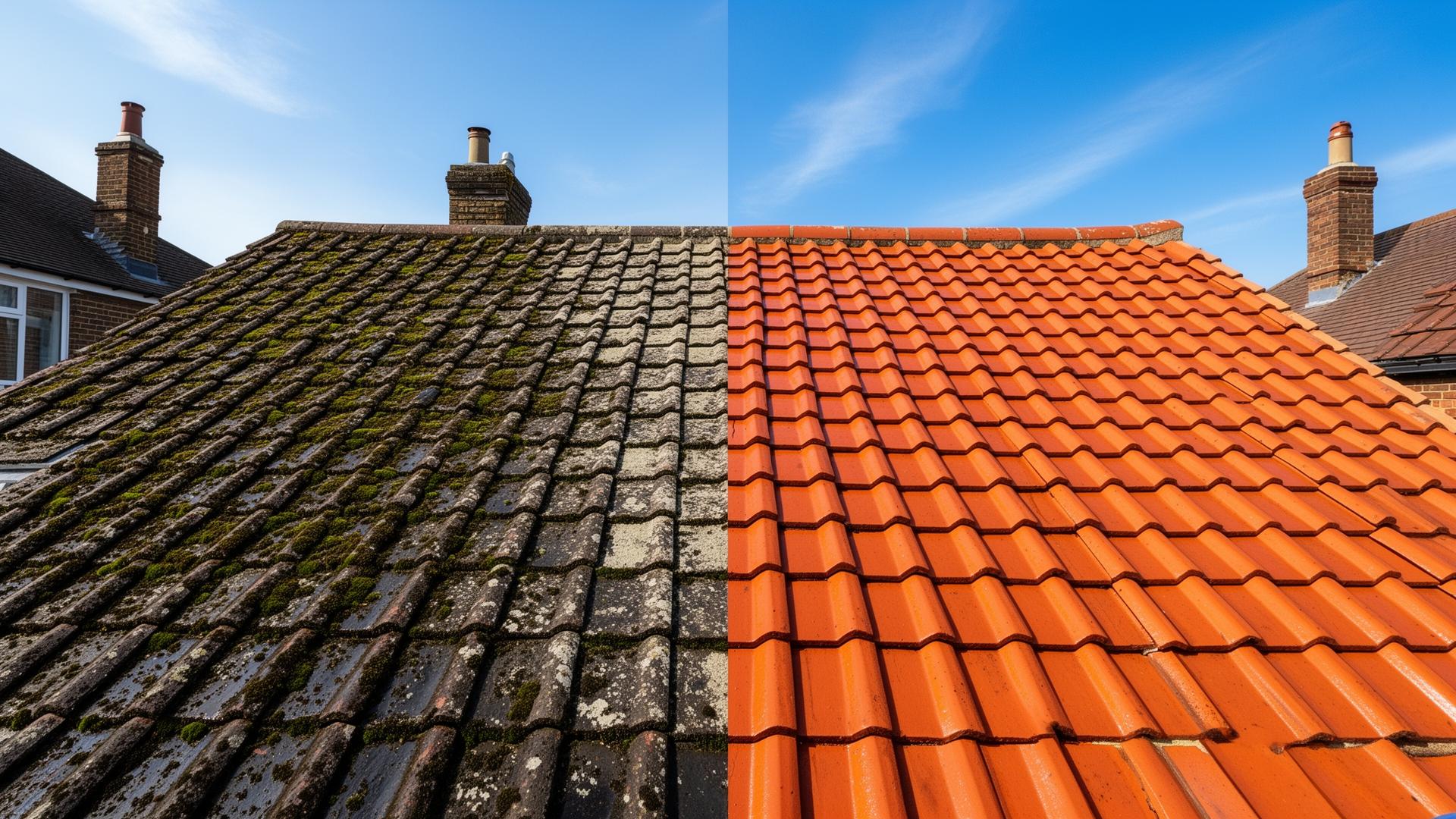 Moss-covered roof transformed into clean tiles after professional roof cleaning